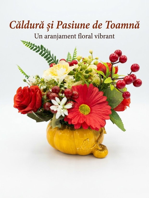 Aranjament floral roșu (mac, crizantema, trandafiri)