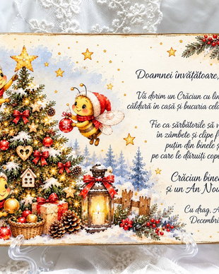 Plachetă decorativă din lemn masiv - cadou de Crăciun pentru învățătoare, educatoare tema albinute