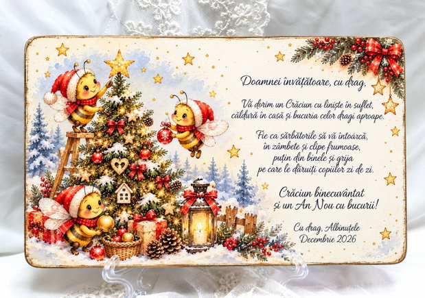 Plachetă decorativă din lemn masiv - cadou de Crăciun pentru învățătoare, educatoare tema albinute