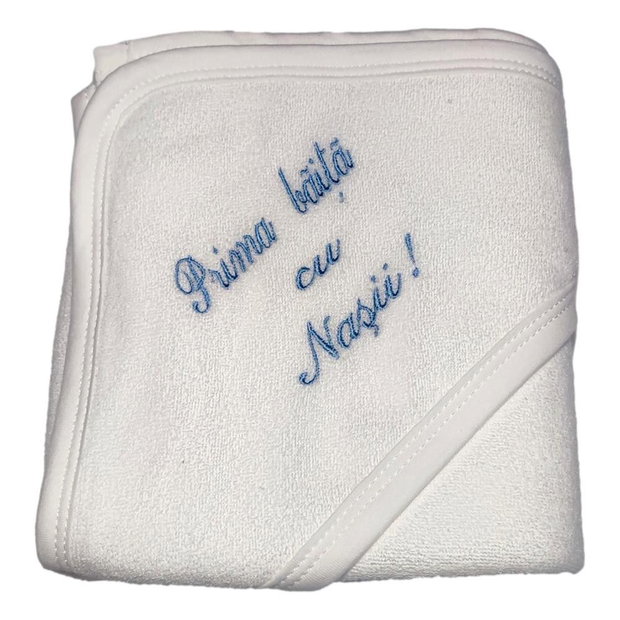 Set prima baita dupa botez pentru baietel, bleu, cu prosop brodat si accesorii, Denikos NK84