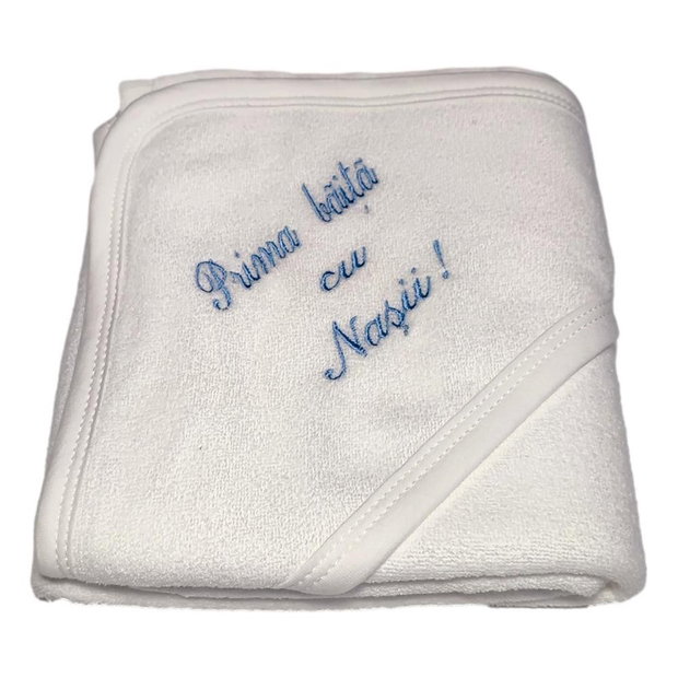 Set prima baita dupa botez pentru baietel, bleu, cu prosop brodat si accesorii, Denikos NK84