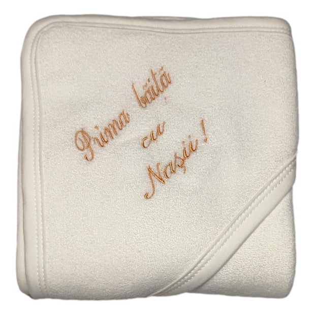 Set traditional pentru prima baita cu nasii dupa botez pentru fetita sau baietel, Crem / ivoire, cu prosop brodat, Denikos NK86