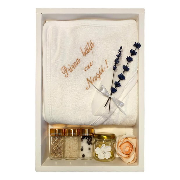 Set traditional pentru prima baita cu nasii dupa botez pentru fetita sau baietel, Crem / ivoire, cu prosop brodat, Denikos NK86