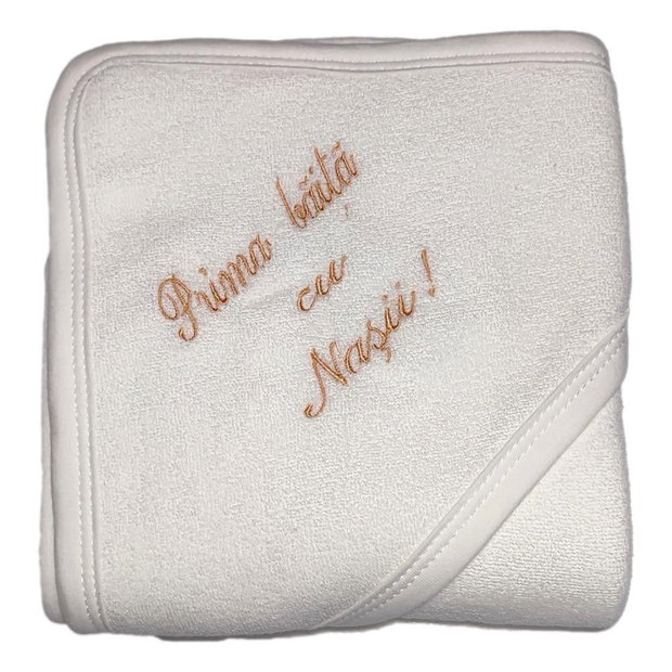 Set traditional pentru prima baita cu nasii dupa botez pentru fetita sau baietel, Crem / ivoire, cu prosop brodat, Denikos NK86