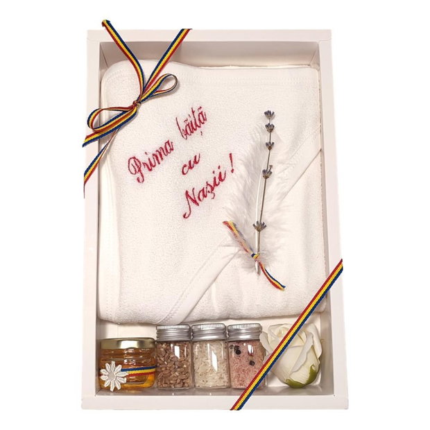 Set prima baita cu nasii dupa botez pentru fetita sau baietel, traditional tricolor, cu prosop brodat si accesorii, Denikos NK94