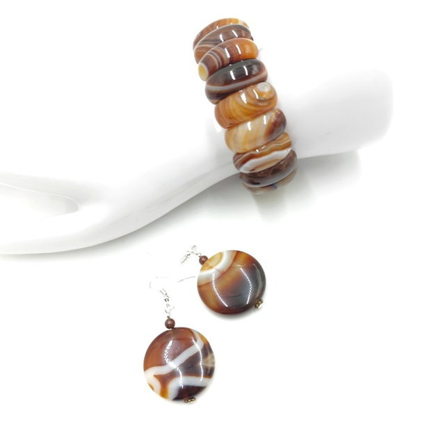 Set bratara si cercei cu agat natural in nuante caramel si ciocolatiu, 4713