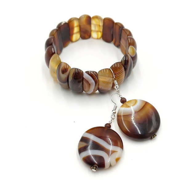 Set bratara si cercei cu agat natural in nuante caramel si ciocolatiu, 4713