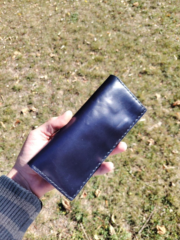 Portofel Bifold Lung Negru Bleumarin Din Piele Naturală De Cal