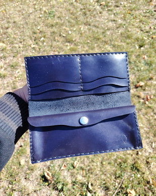 Portofel Bifold Lung Negru Bleumarin Din Piele Naturală De Cal