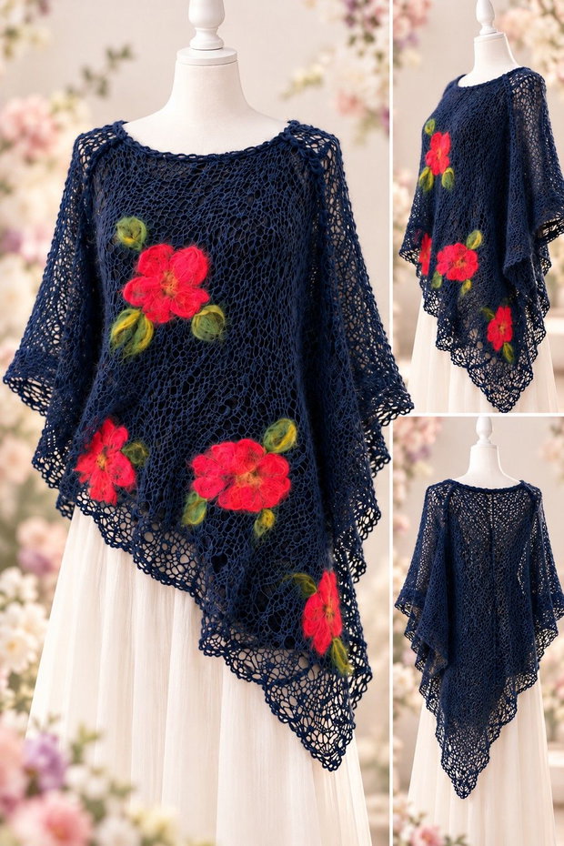 Poncho cu flori impaslite