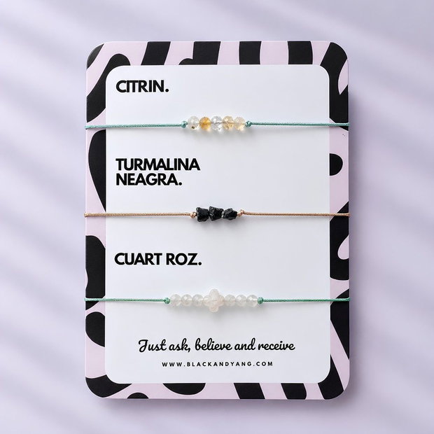 Set 3 Brățări Reglabile din Cristale Naturale  Citrin, Turmalină Neagră și Cuarț Roz