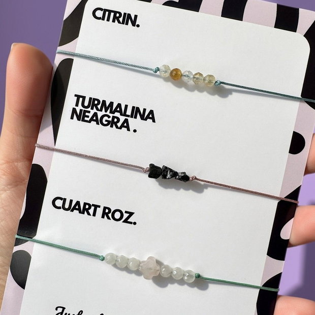 Set 3 Brățări Reglabile din Cristale Naturale  Citrin, Turmalină Neagră și Cuarț Roz