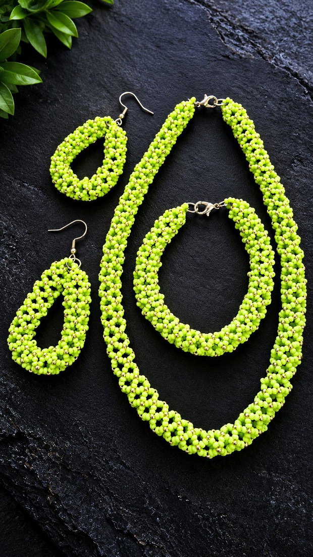 Set de bijuterii handmade Lime Glow  Verde și Auriu