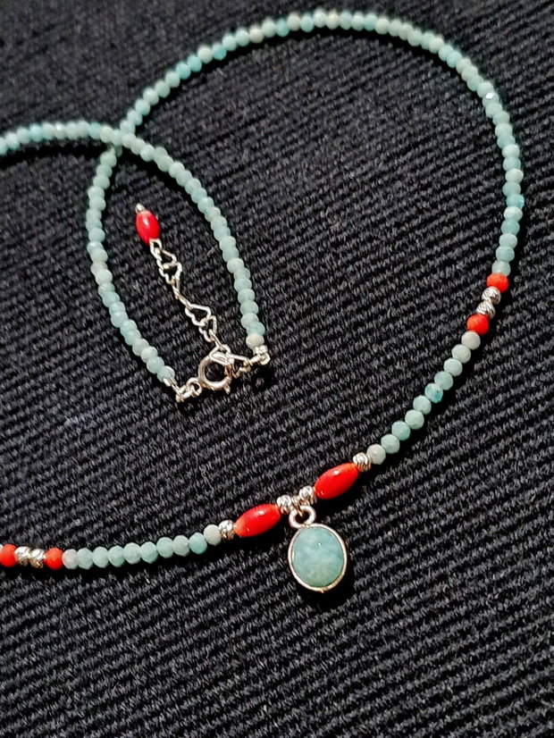 Colier argint amazonit coral charm amazonit argint minimalist bohi chic trendy casual