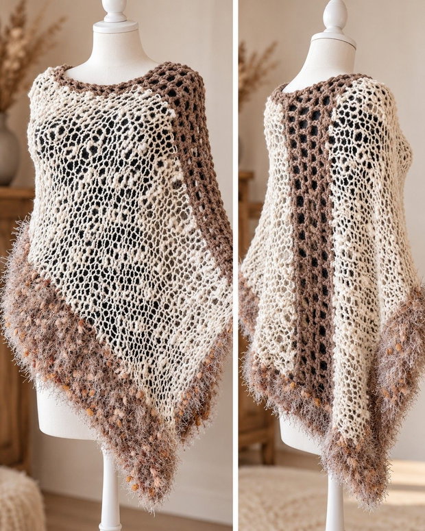 Poncho tricotat din fire combinate