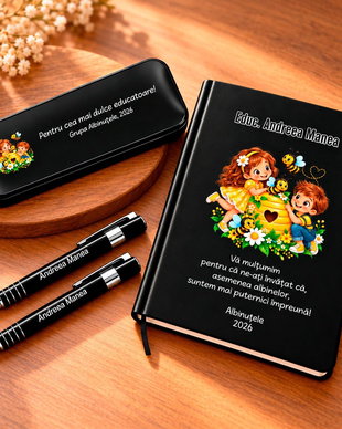 Cadou pentru educatoare cu albinuțe  Agendă A5 și set de scris personalizat