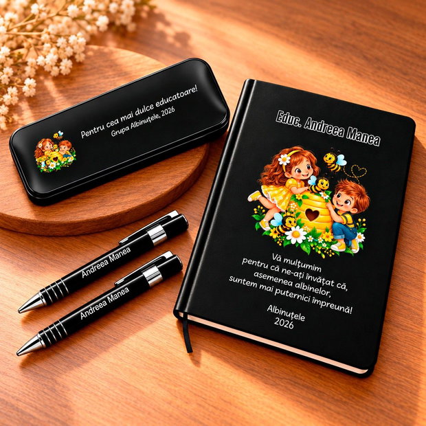 Cadou pentru educatoare cu albinuțe  Agendă A5 și set de scris personalizat