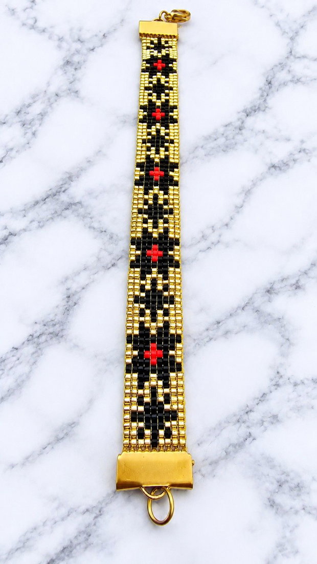 Brățară handmade Miyuki Delica  Eleganță în auriu, negru și roșu