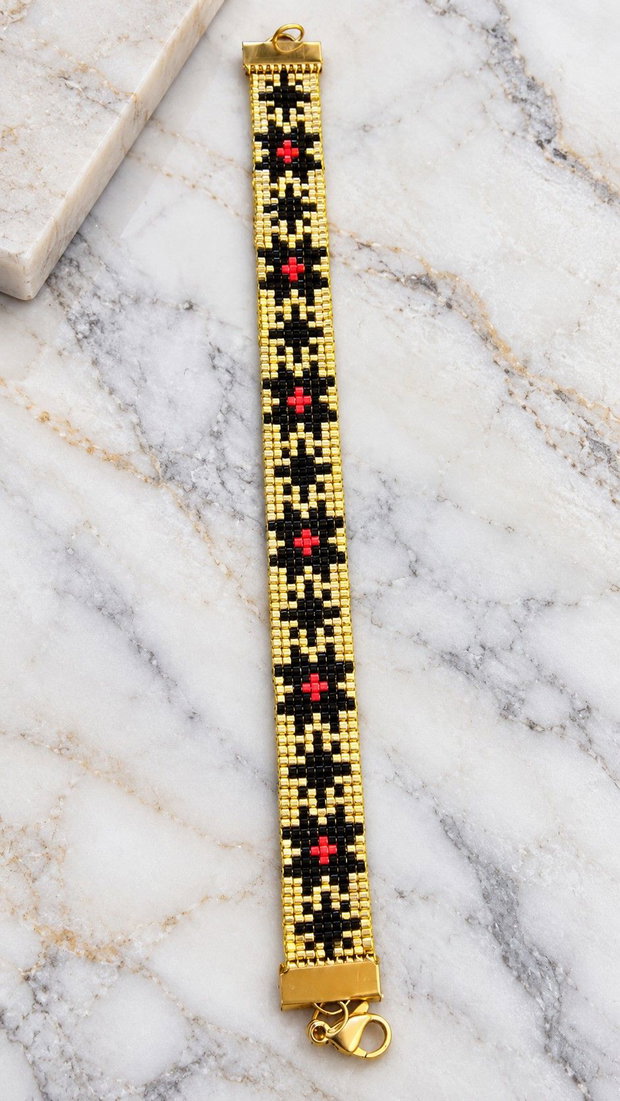 Brățară handmade Miyuki Delica  Eleganță în auriu, negru și roșu