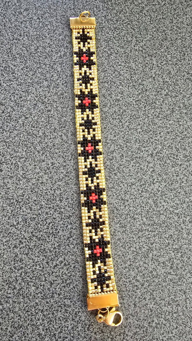 Brățară handmade Miyuki Delica  Eleganță în auriu, negru și roșu