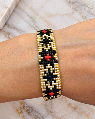 Brățară handmade Miyuki Delica  Eleganță în auriu, negru și roșu