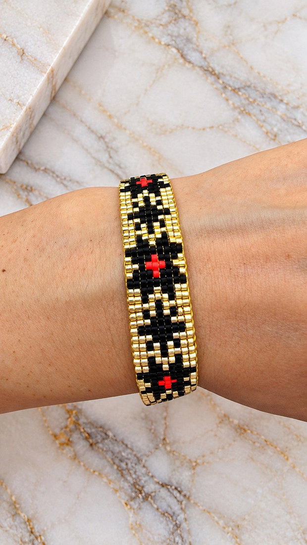 Brățară handmade Miyuki Delica  Eleganță în auriu, negru și roșu