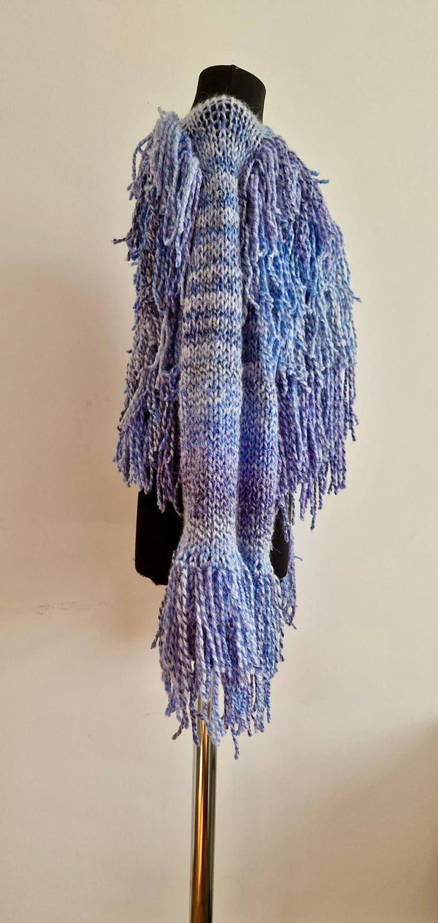 Cardigan handmade albastru-lila cu franjuri  100% lână