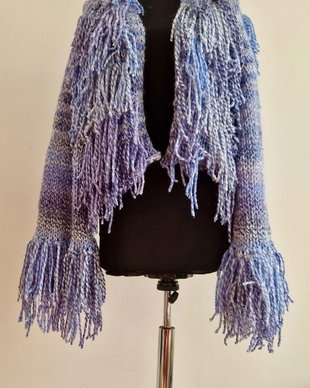 Cardigan handmade albastru-lila cu franjuri  100% lână