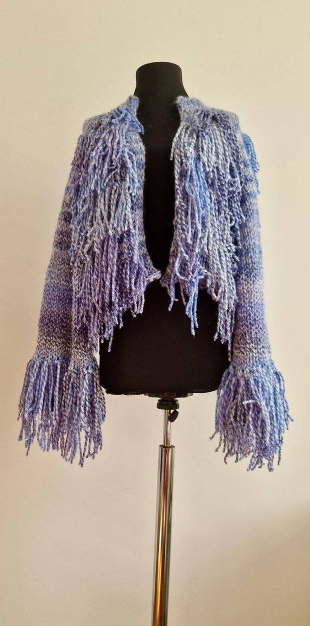 Cardigan handmade albastru-lila cu franjuri  100% lână