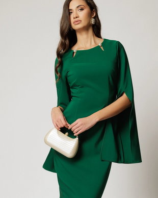 Rochie DY Fashion scurta verde cu maneci crapate si perle la decolteu
