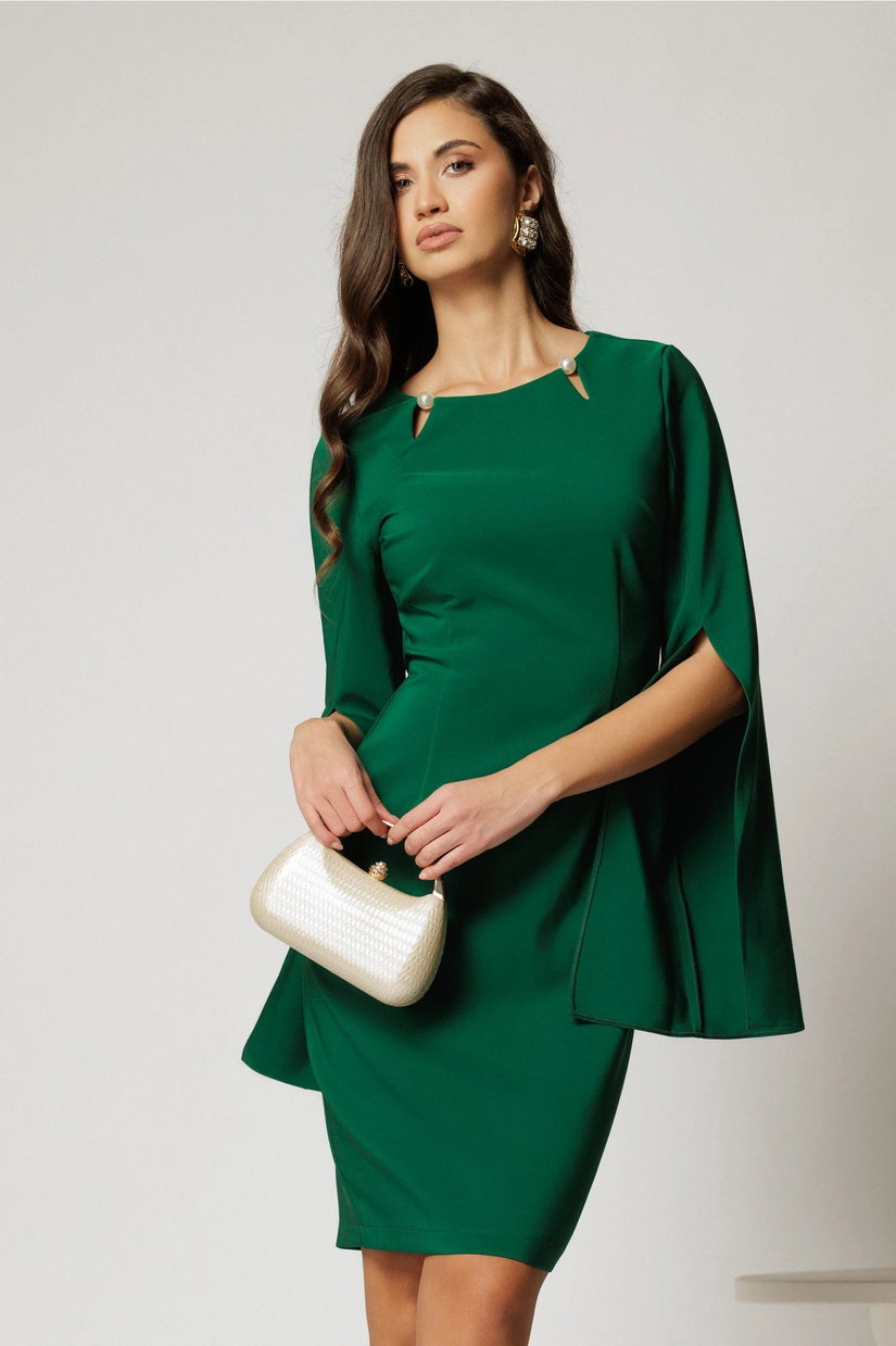 Rochie DY Fashion scurta verde cu maneci crapate si perle la decolteu
