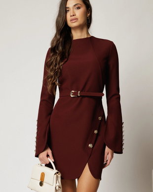 Rochie DY Fashion scurta bordo cu nasturi pe fusta si maneci