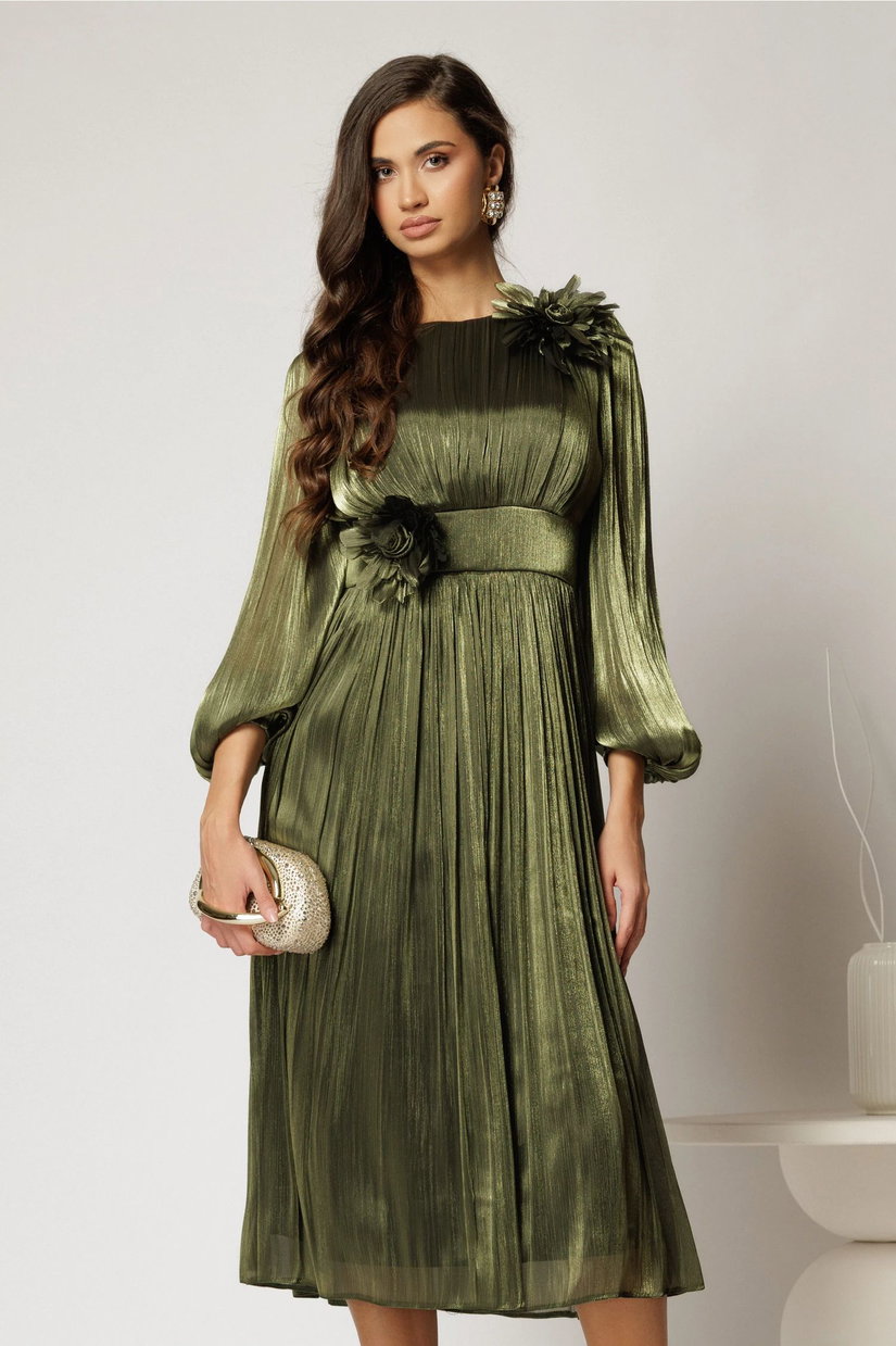 Rochie midi verde fistic din voal peliculizat cu decolteu rotund si detalii ample florale