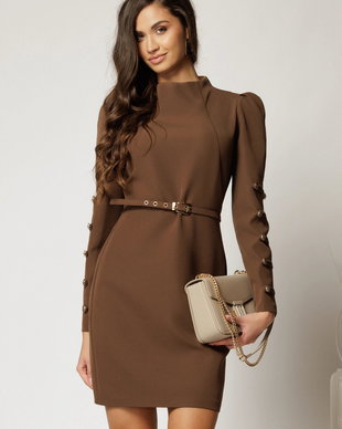 Rochie DY Fashion scurta maro cu nasturi pe maneci