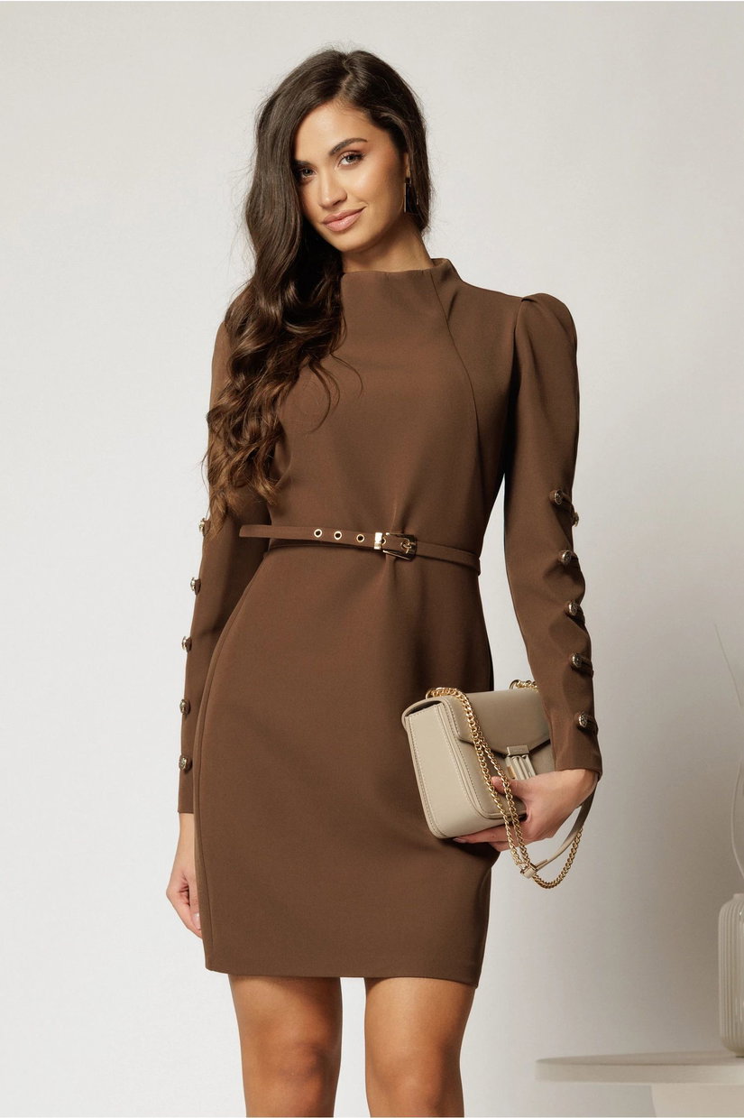 Rochie DY Fashion scurta maro cu nasturi pe maneci