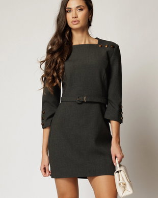 Rochie DY Fashion scurta gri cu decolteu patrat si nasturi