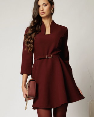 Rochie DY Fashion scurta bordo cu decolteu adanc si maneci lungi