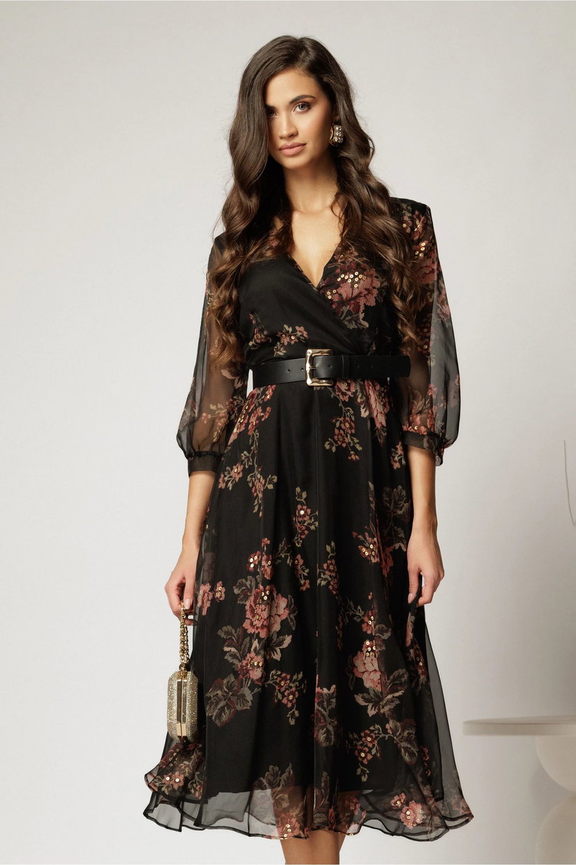 Rochie DY Fashion midi din voal negru cu imprimeu roze si decolteu petrecut