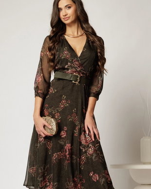 Rochie DY Fashion midi din voal kaki cu imprimeu roze si decolteu petrecut