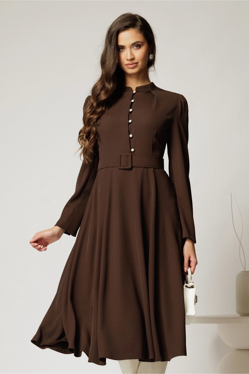 Rochie DY Fashion midi maro eleganta cu nasturi si curea in talie