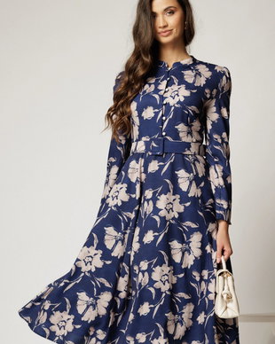 Rochie DY Fashion midi bleumarin cu imprimeuri eleganta cu nasturi si curea in talie