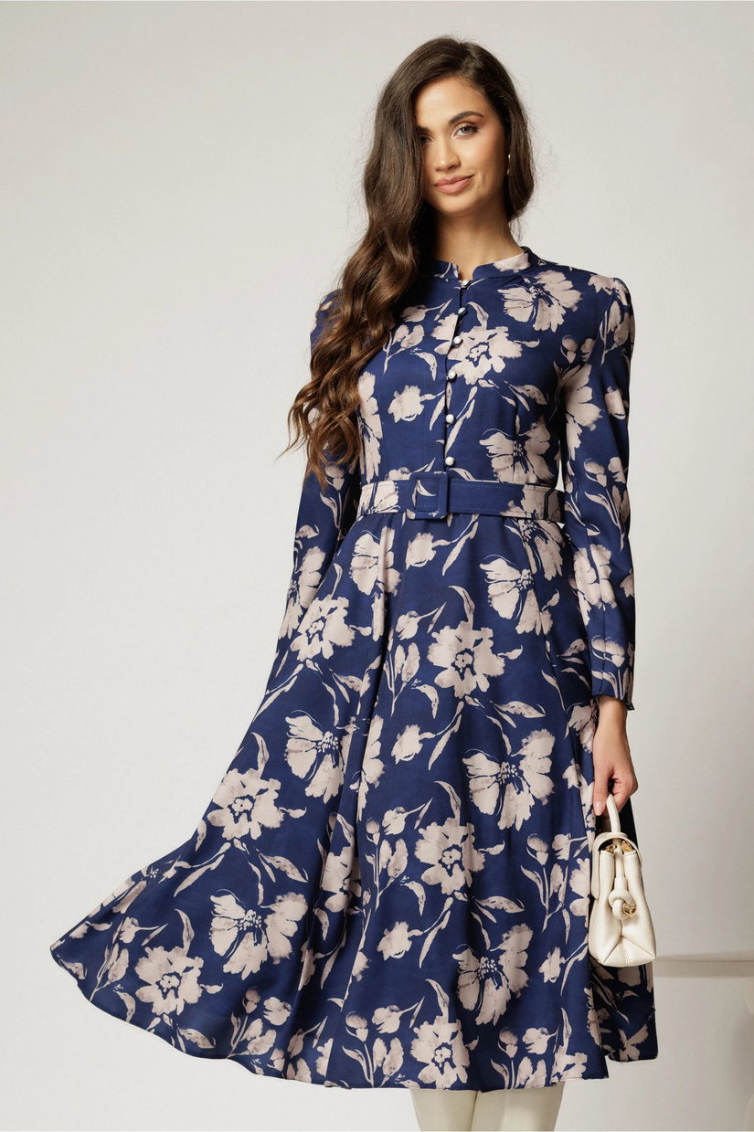 Rochie DY Fashion midi bleumarin cu imprimeuri eleganta cu nasturi si curea in talie