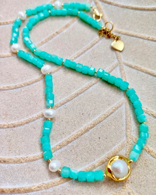 Colier agate amazonit & perle albe de cultura