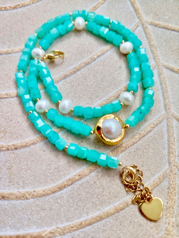 Colier agate amazonit & perle albe de cultura