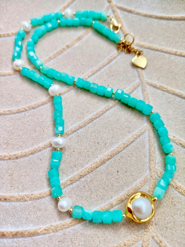 Colier agate amazonit & perle albe de cultura