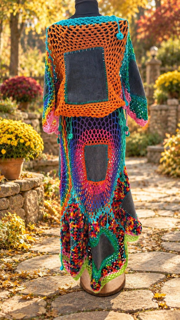 Curcubeu boem rochie din denim și croșet multicolor