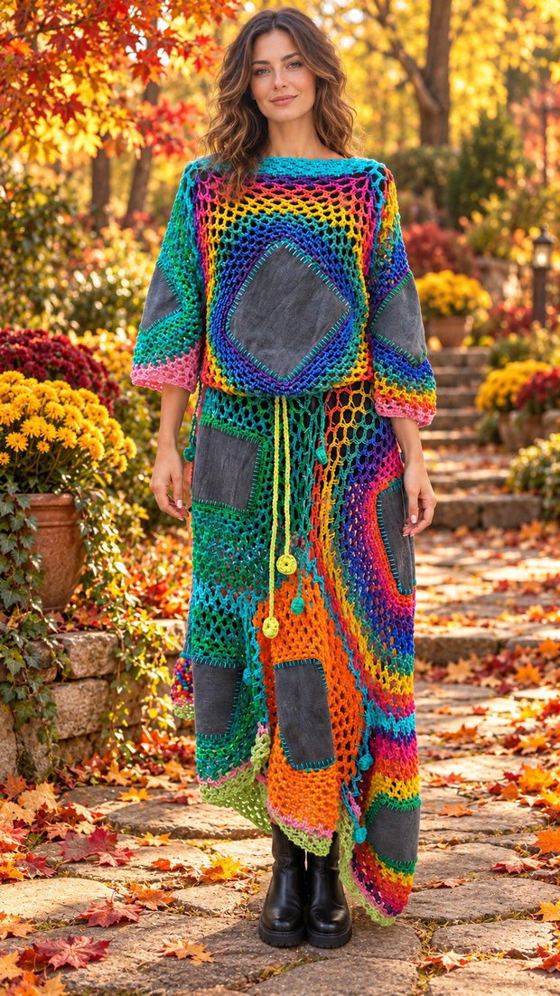 Curcubeu boem rochie din denim și croșet multicolor