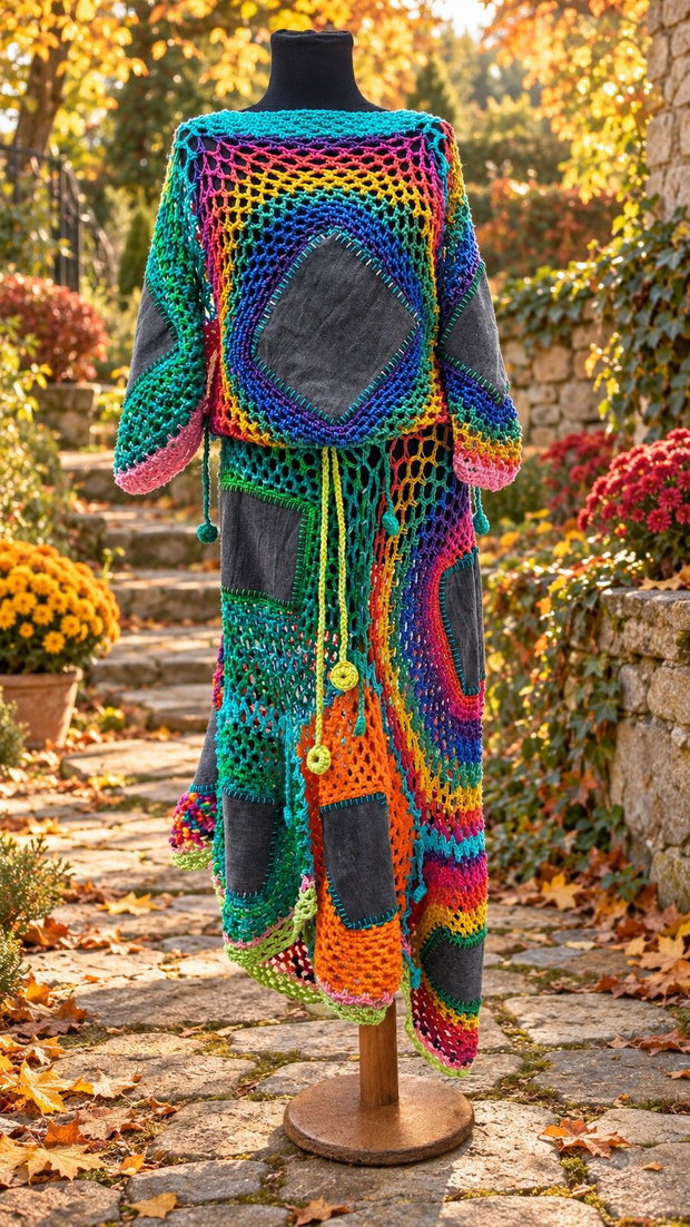 Curcubeu boem rochie din denim și croșet multicolor