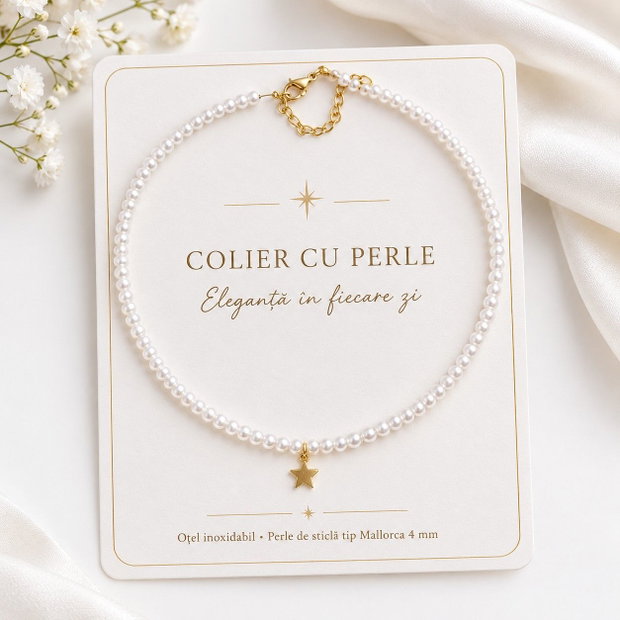 Colier cu perle albe Mallorca 4 mm și steluță aurie  bijuterie elegantă, cadou special