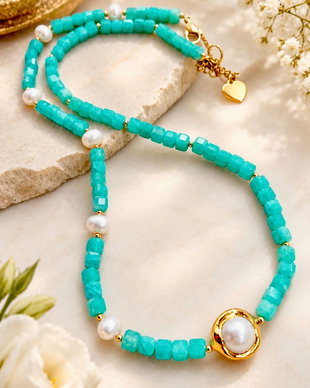 Colier agate amazonit & perle albe de cultura